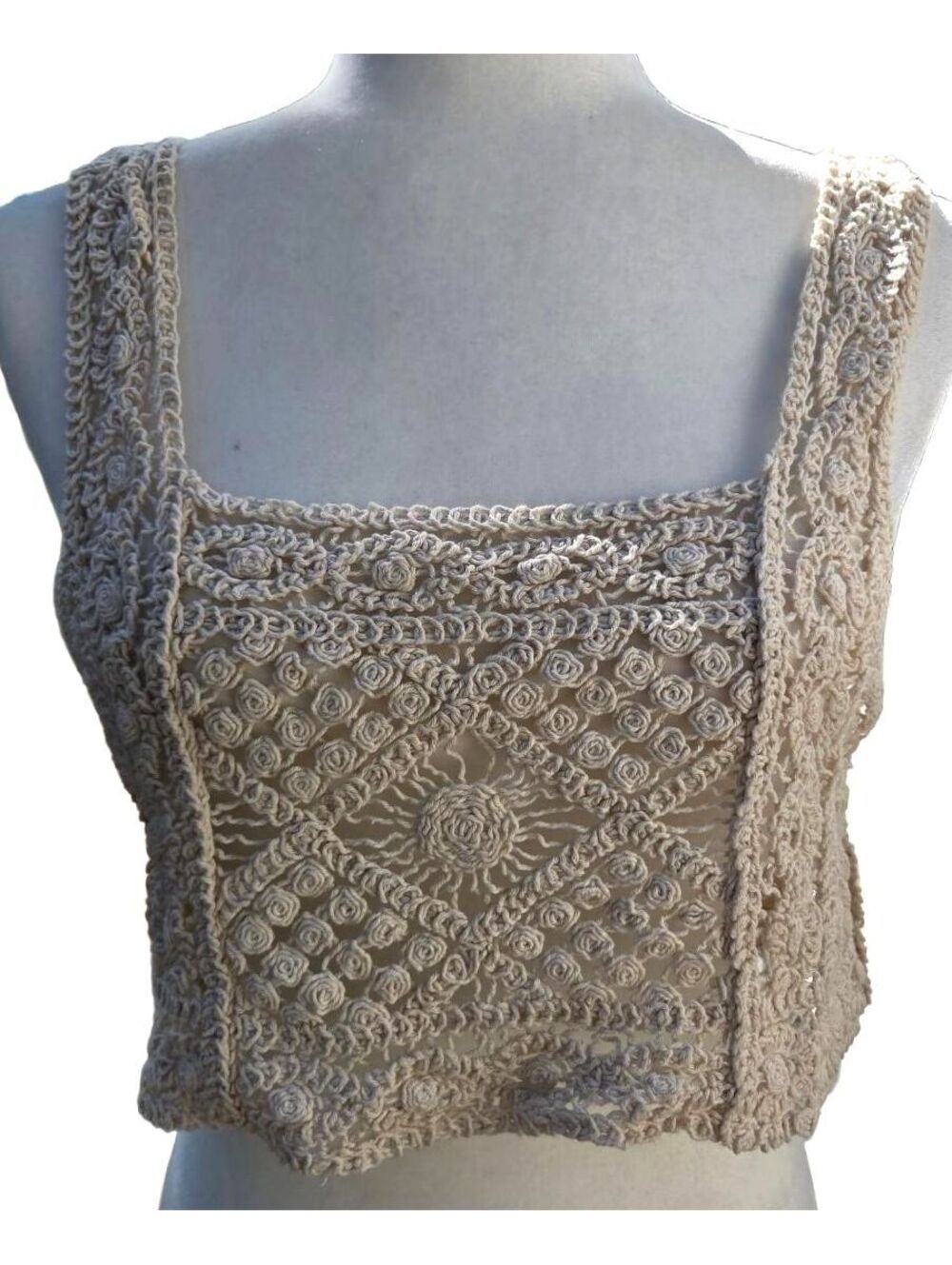 Cream Floral Motif Crochet Square Crop Top Medium Bohemian Fairycore Indie Cami